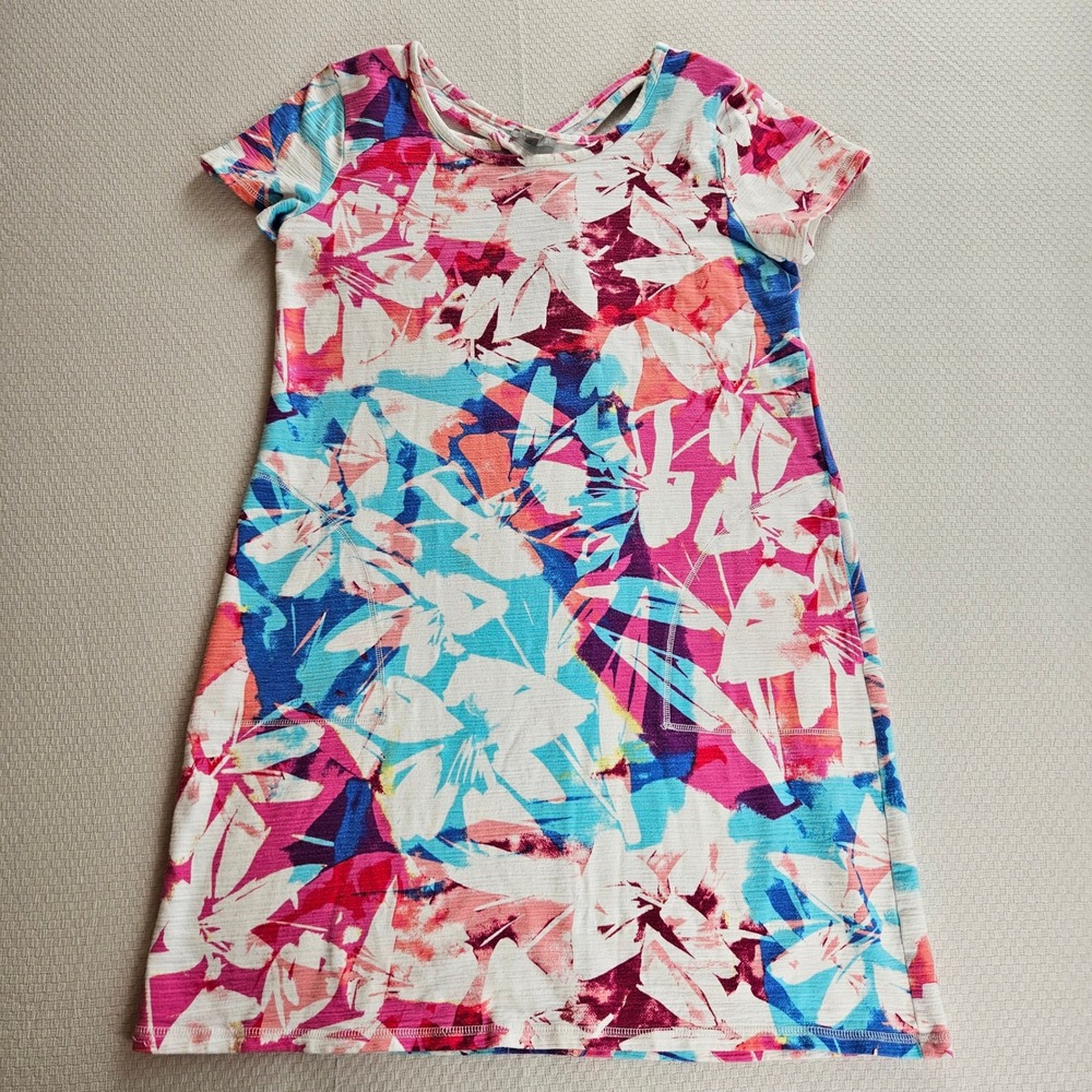 T by Talbots Pink Blue Floral UPF 50+ Cross Back T-Shirt Dress M Artsy Sun